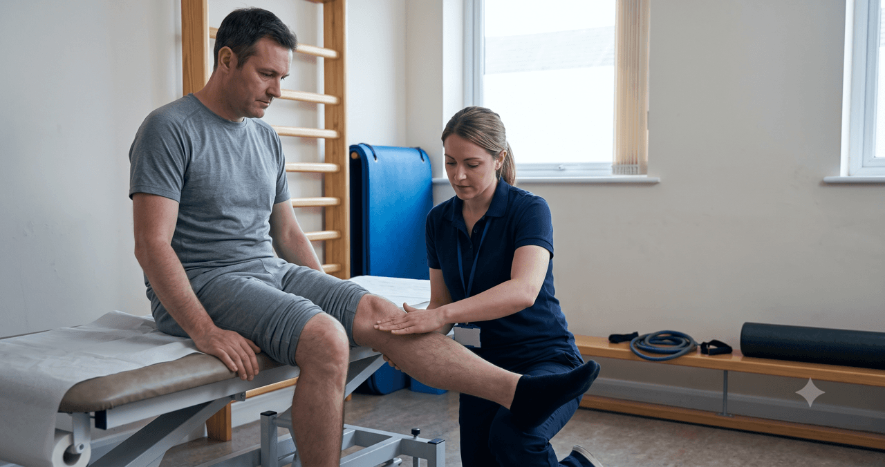 A physiotherapist guiding an adult patient through a rehabilitation exercise in a treatment room.