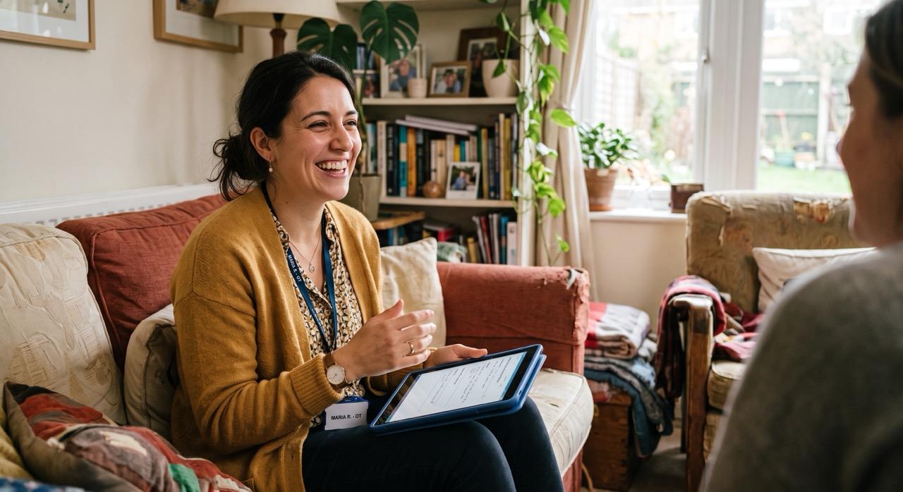 A candid, warm photograph of a smiling female occupational therapist sitting on a comfortable sofa in a cozy, plant-filled living room. She holds a tablet on her lap and gestures naturally while engaged in a relaxed conversation with a client seated.